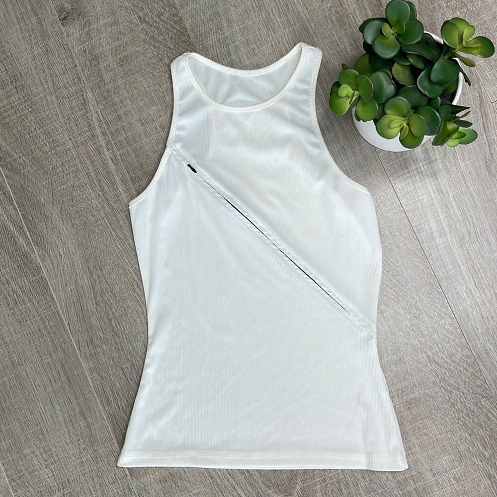Cream Ribbed Diagonal Zip Front Detail Tank Top Women’s Size Small